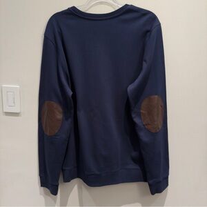 A.P.C. Navy Crewneck Sweatshirt w/ Brown Leather Elbow Patches Minimalist XL